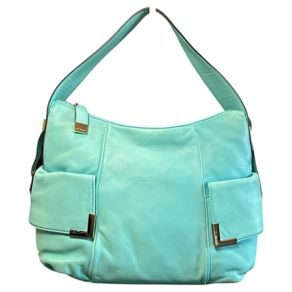 NWT Michael Kors Beverly Leather Shoulder Bag Large Aquamarine Minor Defect